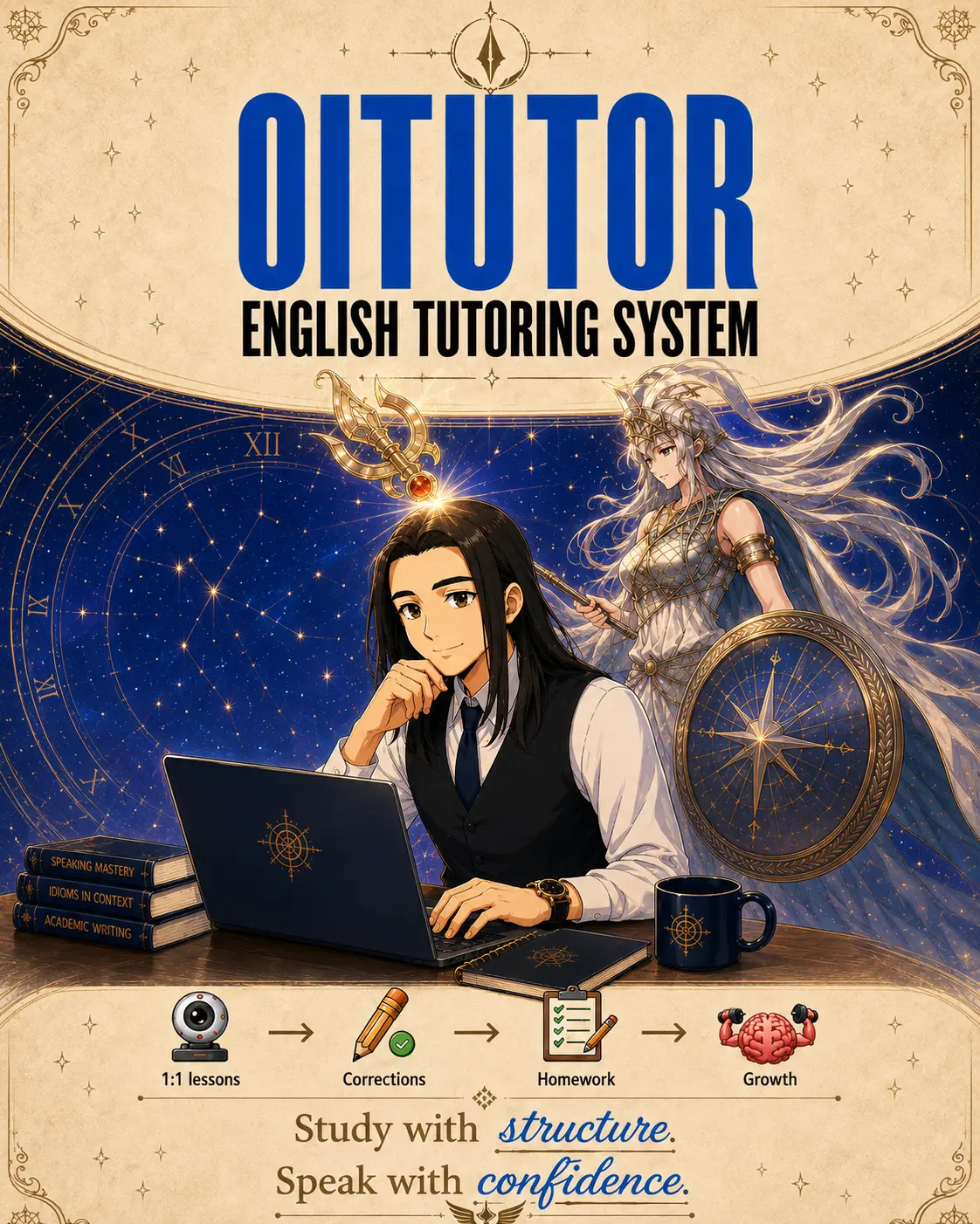 OiTutor English tutoring system illustration showing structured lessons, corrections, homework, and growth